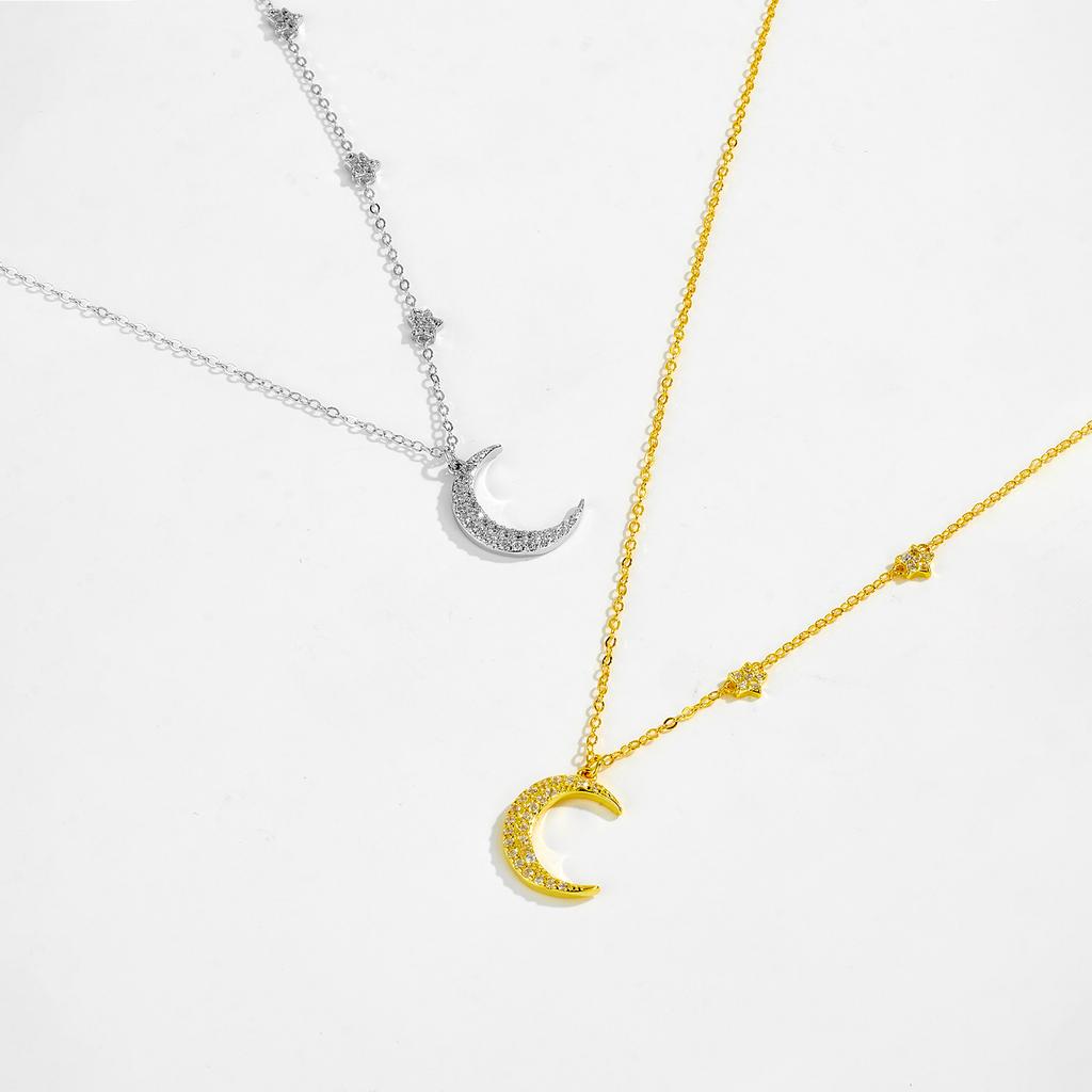Sterling Silver Moon Star Zircon Necklace Pendant Long Chain  Luxury Classical Fine Jewelry Women Gift