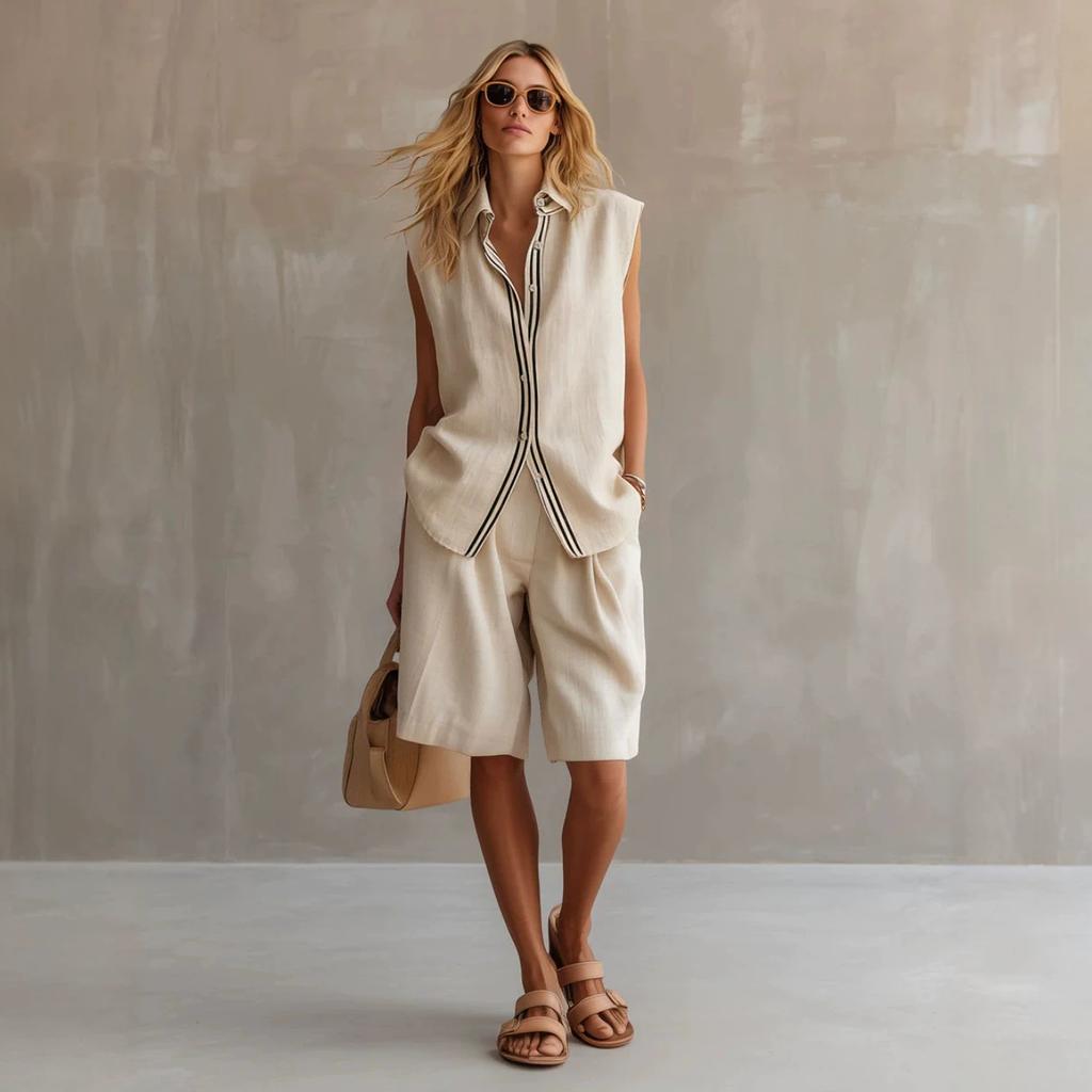 Summer New Style Fashionable Casual Two-piece Women's Single-button Sleeveless Shirt Set