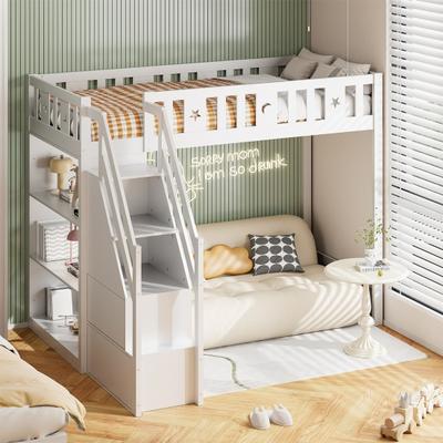 Stable Base Youth Bed with Ladder Open Shelves Fence Large Storage Space Solid Wood Frame Loft Bed Home Furniture
