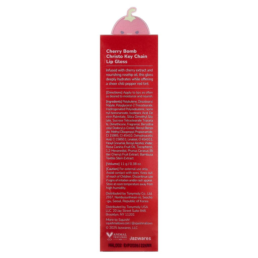 TonyMoly, Original Squishmlows™, Christo Keychain Lip Gloss, Cherry Bomb, 11g (0.38oz)
