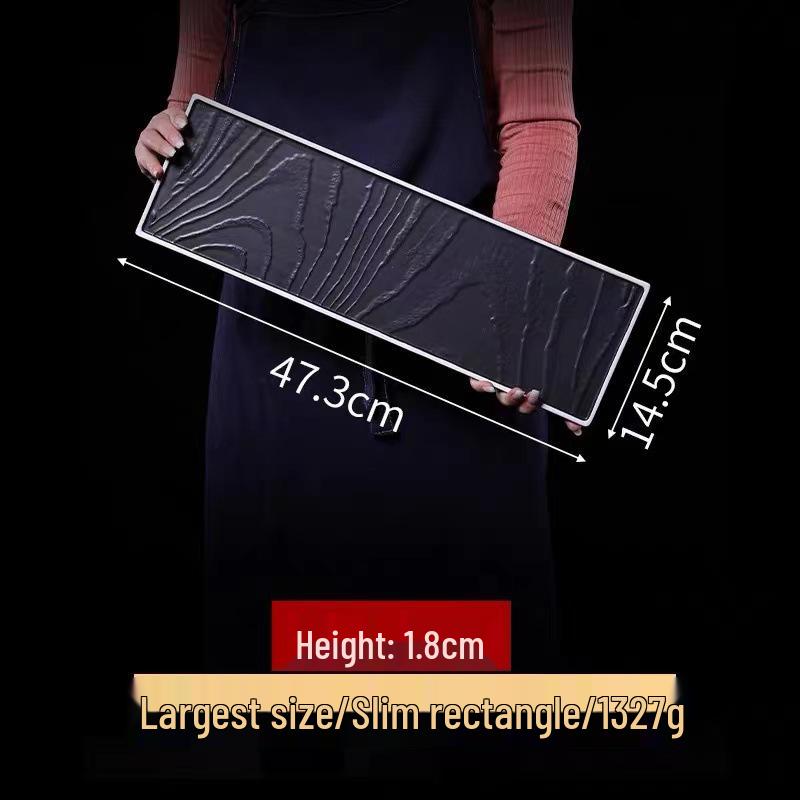 Matte Black Ceramic Wood Grain Plate for Steak, Barbecue, Snacks, and Desserts