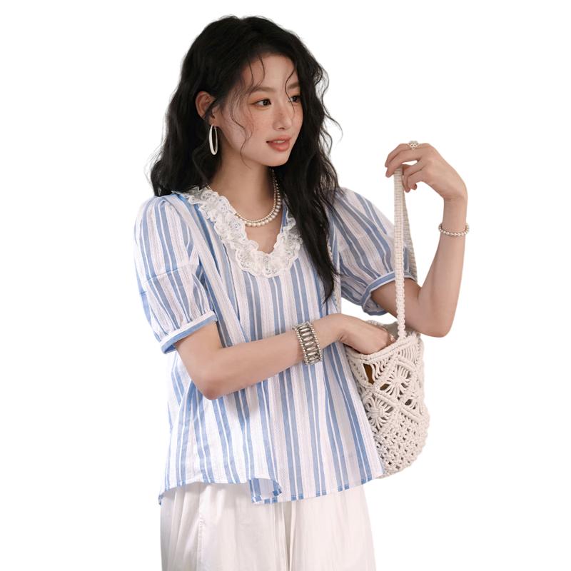MiXiu Blue & White Striped Lace Collar Blouse S
