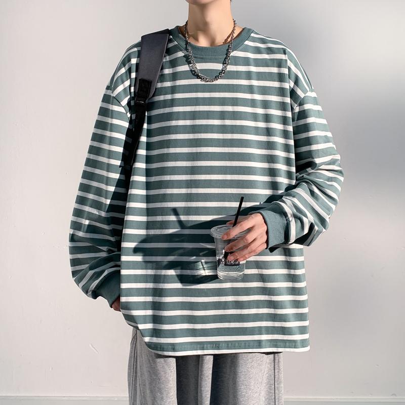 Men's Spring and Autumn Outdoor Trendy Stripe Couple Hong Kong Style Long Sleeve Round Neck T-shirt Pure Cotton Hoodie