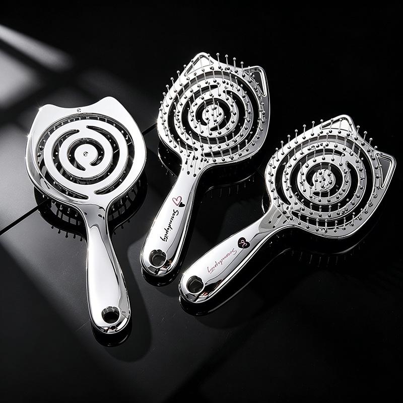 Electroplated Silver Massage Comb with Folding Mirror and Anti-Static Air Cushion – Student Girl Ins Style