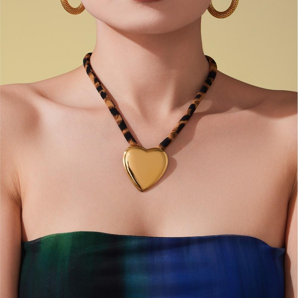 Trendy Leopard Print Fabric Lanyard Charm Necklaces 18k Gold Plated Stainless Steel Pendant Necklace Statement Jewelry For Women