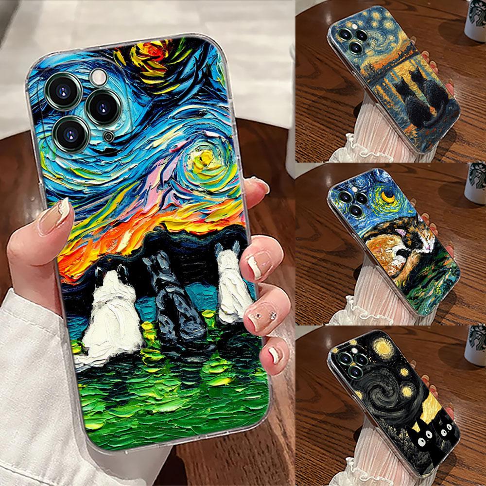 Cat Van Gogh Starry Night Oil Painting Case For Apple iPhone 17 16 15 14 13 12 11 Pro Max Plus 16E 17Air 17Pro Phone Cover Funda