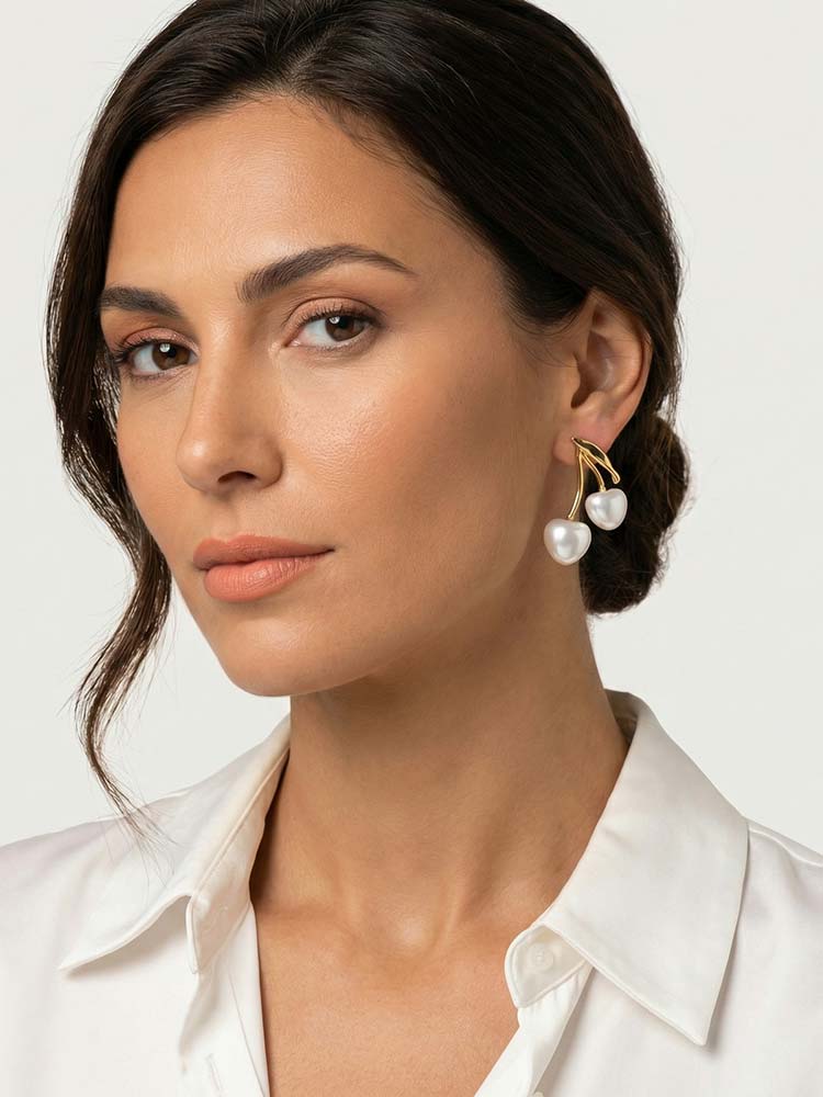18K Gold Plated Pearl Cherry Earrings, Hypoallergenic Waterproof Stainless Steel, Elegant Jewelry for Women, Cute Fruit Studs