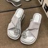 Women's Thick-soled Slippers Toe Clip Wedge Heel Rhinestones Flip Flops Daily Beautiful Fairy Wind Commute Zapatillas De Mujer