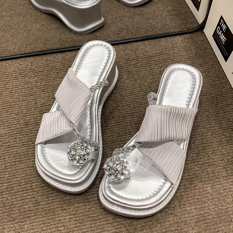 Women's Thick-soled Slippers Toe Clip Wedge Heel Rhinestones Flip Flops Daily Beautiful Fairy Wind Commute Zapatillas De Mujer