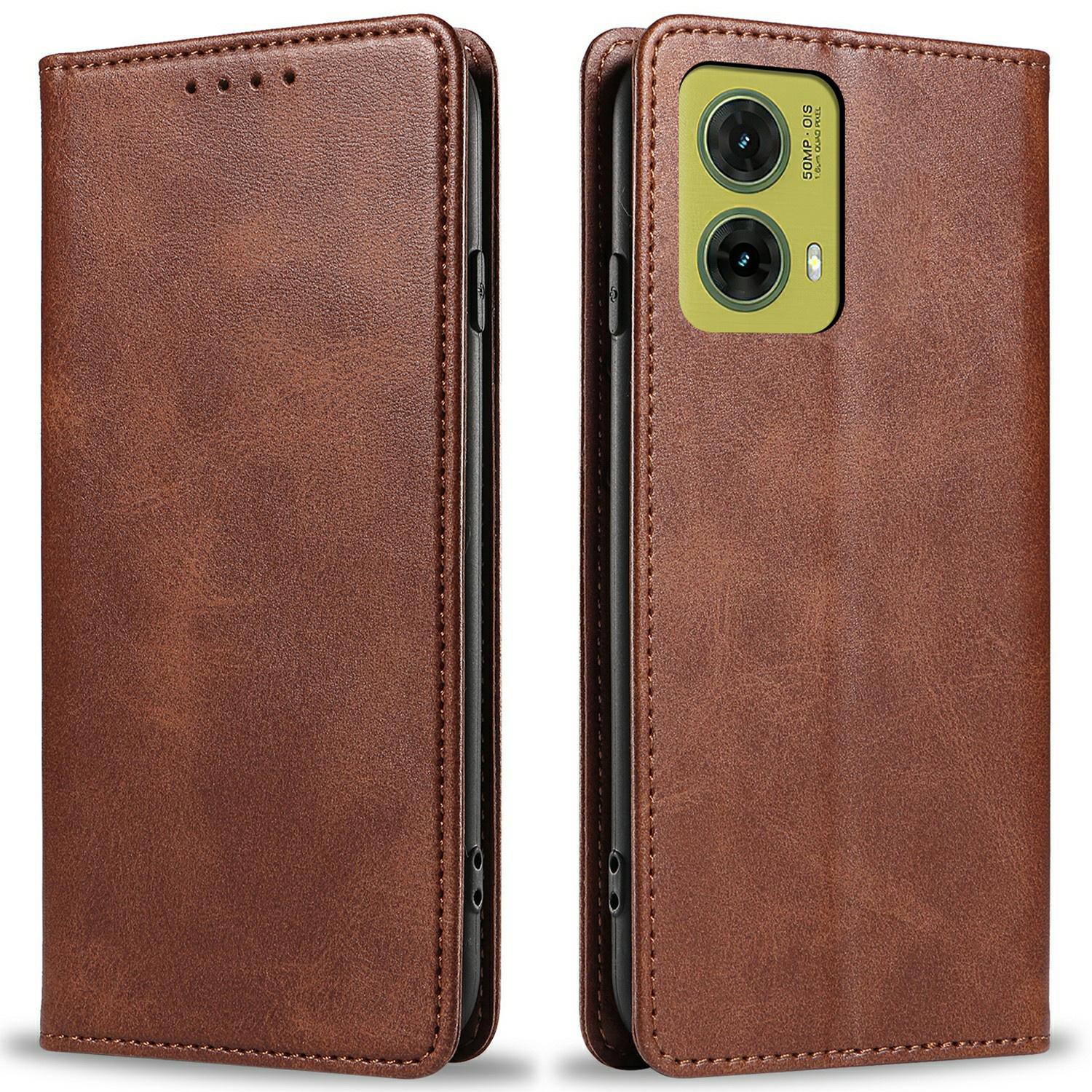 

For Motorola Moto G35 5G Case Strong Magnetic PU Leather Phone Cover Calf Texture Brown