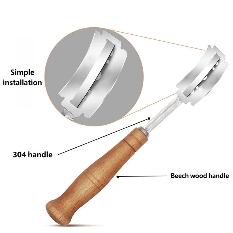 Stainless Steel Bread Lame with Wood Handle Curved Blade Dough Scoring Tool for Baguette Pastry Baking Professional Baker Equipment Kitchen Utensil