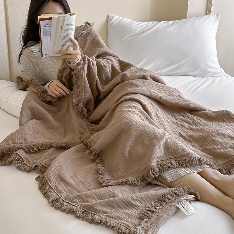 New Cotton Blanket Four-Layer Yarn Tassel Multi-Functional Blanket Solid Color Soft Comfortable Skin-Friendly For Napping