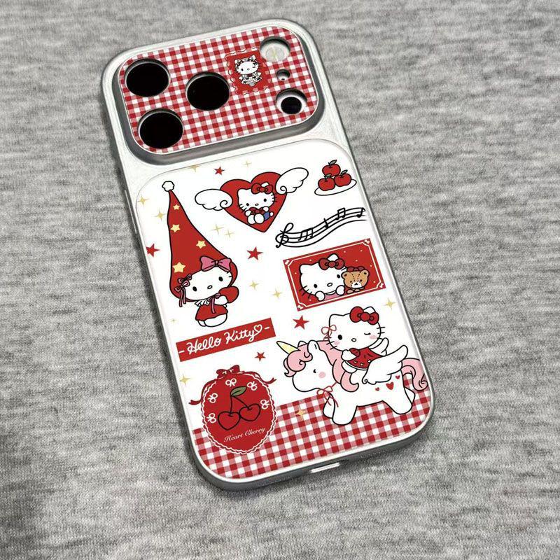 

Plaid Hello Kitty Phone Case for Apple 17 Pro Max - Leather Texture, Silver Frame, Large Window (14/15/16p/13/11) iPhone 17 Air Integrated Camera Button