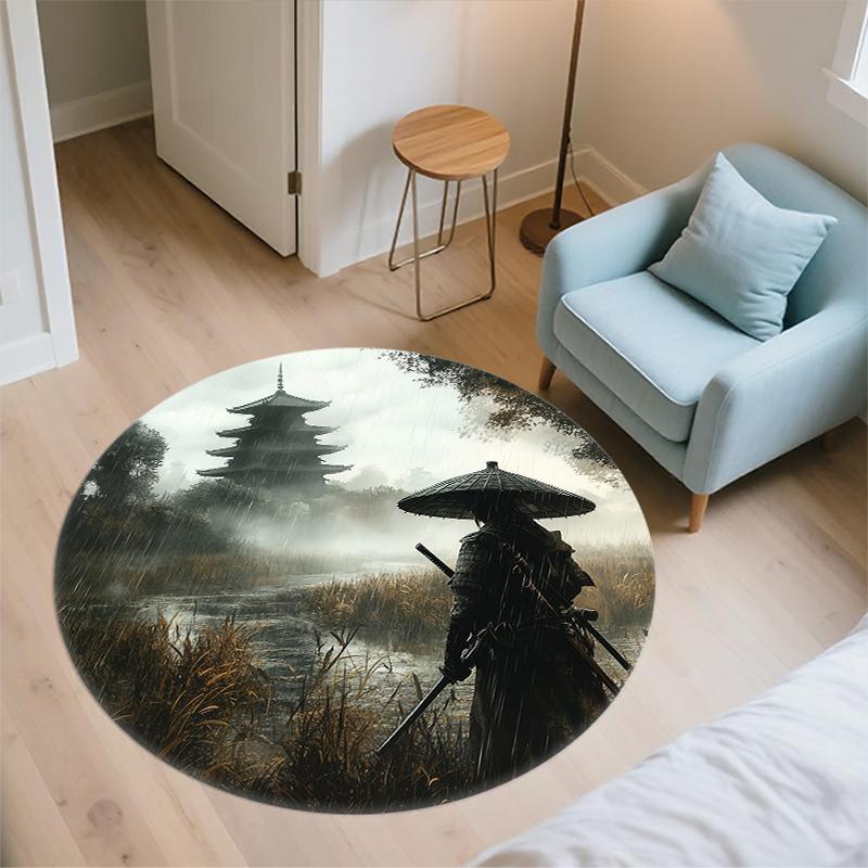 Japanese Samurai Pattern Round rug,Carpet Rug for Living Room Bedroom Sofa Playroom Decor,Non-slip Floor Mat,Holiday Gifts and Birthday Gifts
