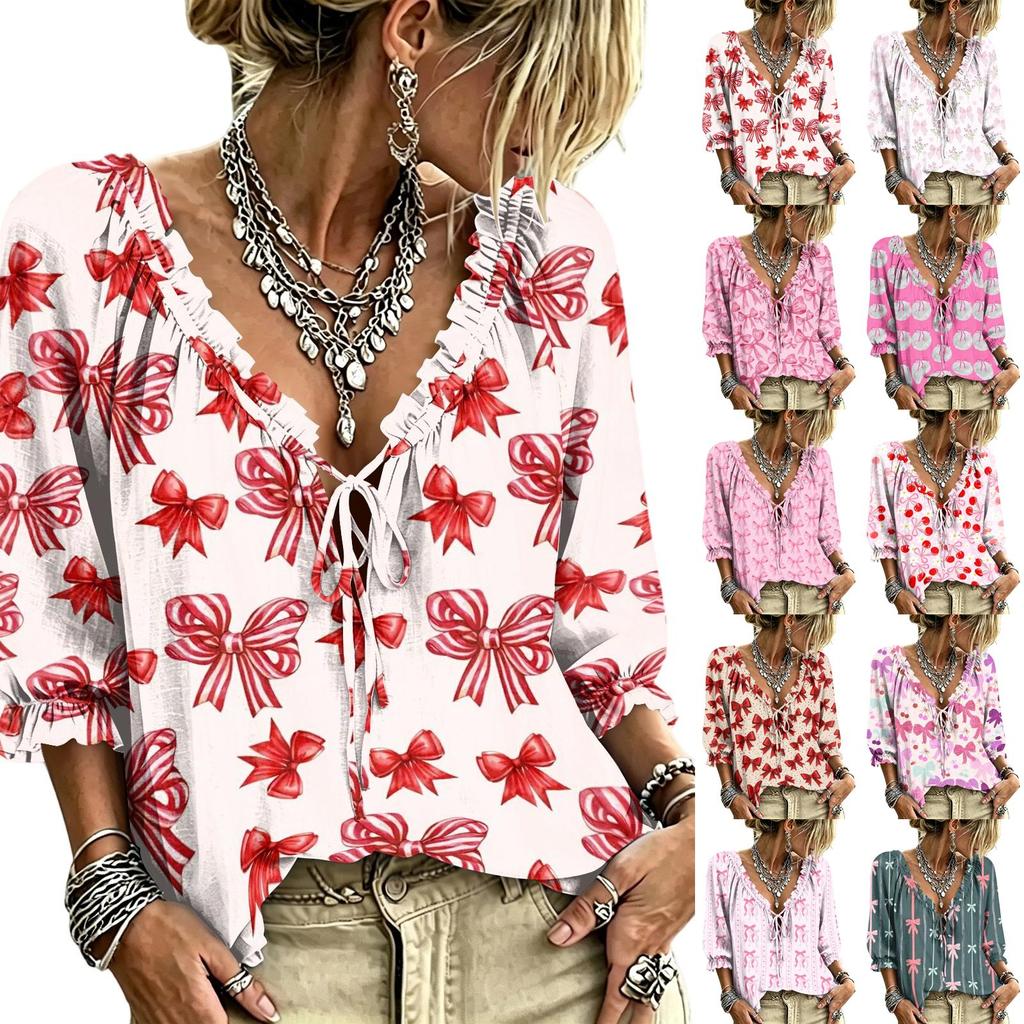 Women's V-Neck Ruffle Blouse with Tie and Print Design