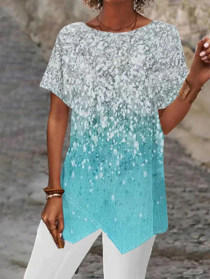 European Geometric Print Loose Short Sleeve Irregular Hem T-shirt