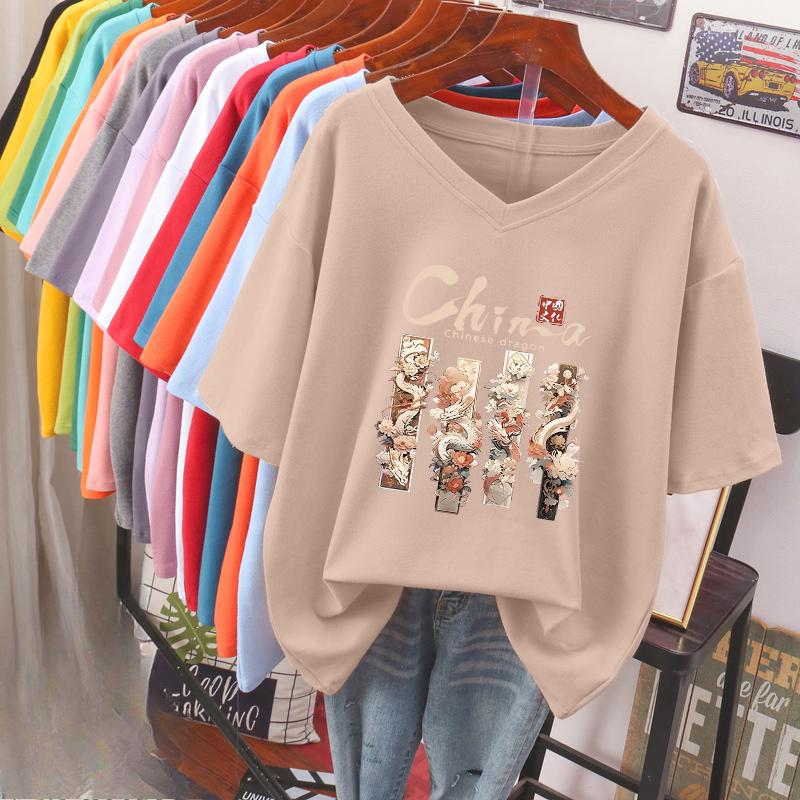 

Футболка с коротким рукавом, Свободного кроя, Приталенный топ с V-образным вырезом с принтом для женщин 5XL абрикосовый