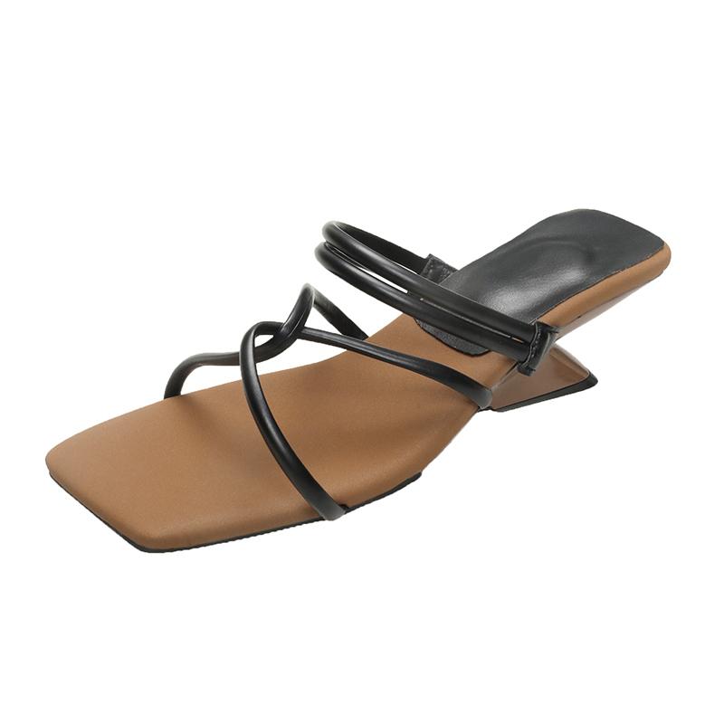 Fashion Summer New Mid-heel Slippers Women's Square Head Open Toe Thin Strap Set Foot Anti-slip Wear-resistant Slope Heel Shoes