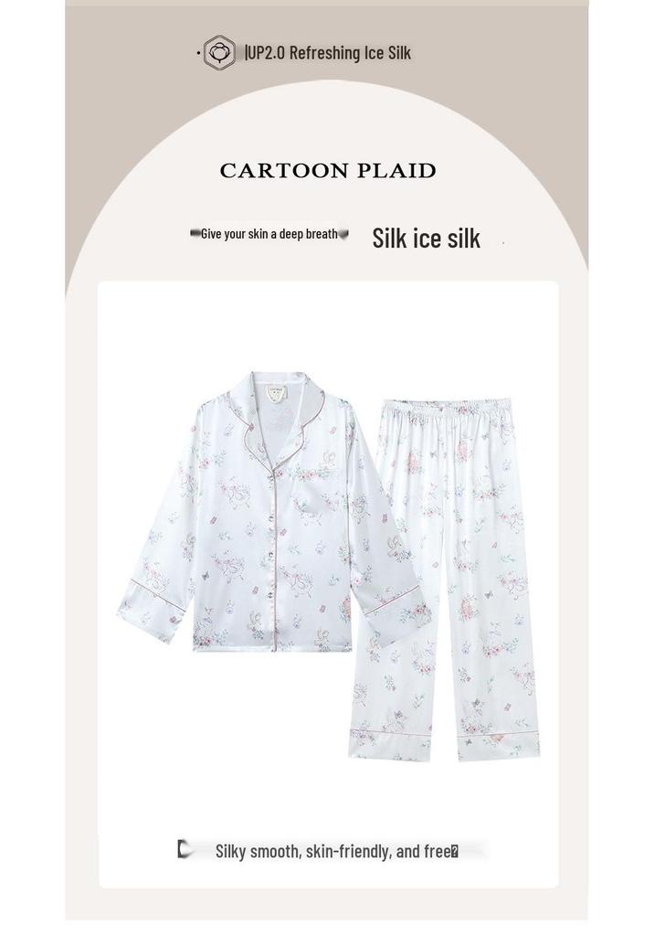 Women's Ice Silk Summer Pajamas - Long Sleeve Cardigan with Cute Cartoon Design