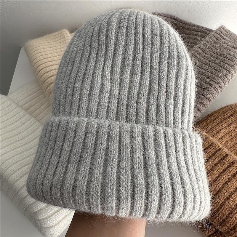 

Autumn and Winter Rabbit Fur Knitted Ear Protection Hat for Women Double Layer Thickened Warm Soft and Waxy Woolen Hat Casual Baotou Cold Hat One Size