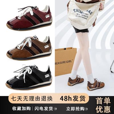 Color Matching Super Soft Flat Bottom German Training Shoes Women's 2025 Spring New Retro Round Head Leather Lace-up Forrest Gump Shoes Board Sho