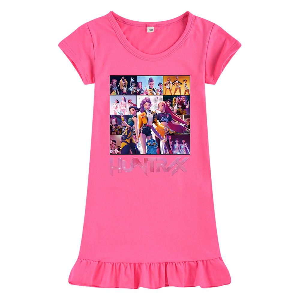 M1250 Kids Girls Kpop Rumi Zoey Mira Print Short Sleeves Ruffle Dress