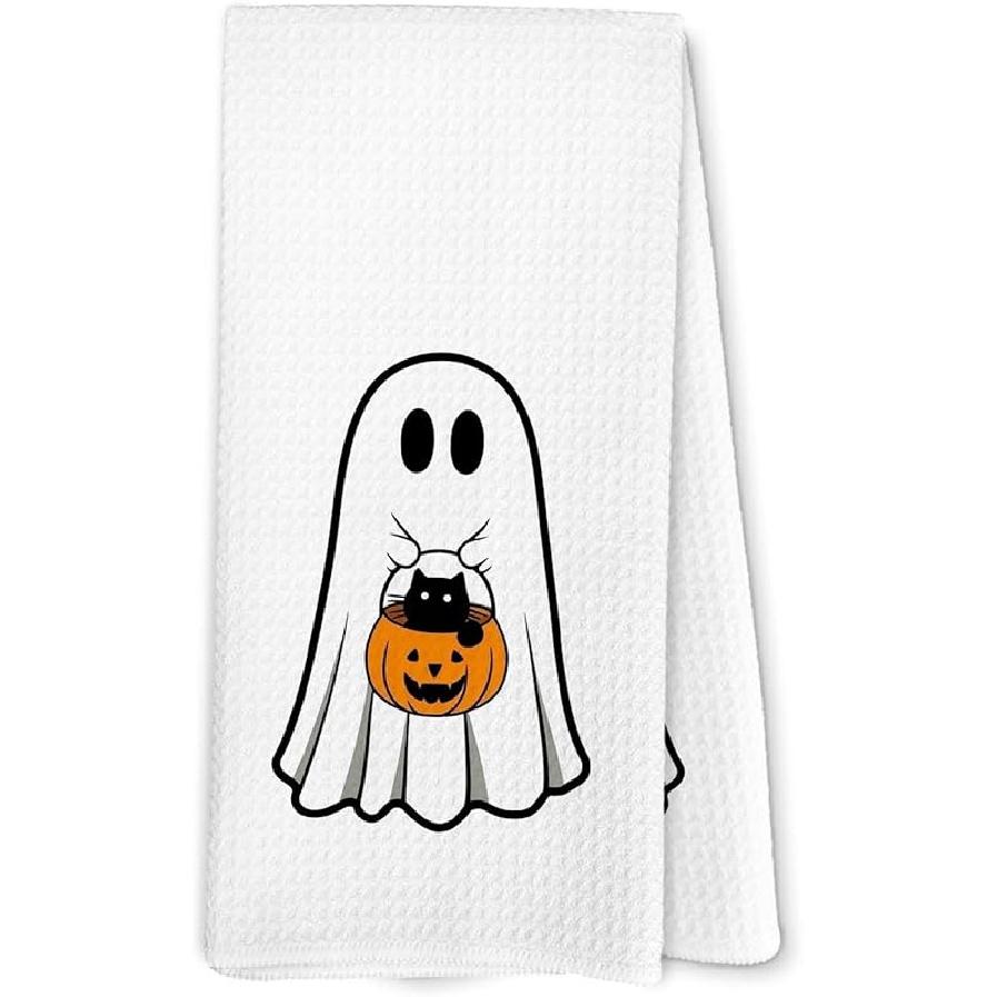 Fall Pumpkin Halloween Kitchen Towels, Cute Ghost Drinking Coffee Decor Dish Towel for Kitchen, Fall Halloween Decor, Spooky Goth Ghost Pumpkin Hand Ghost Cat