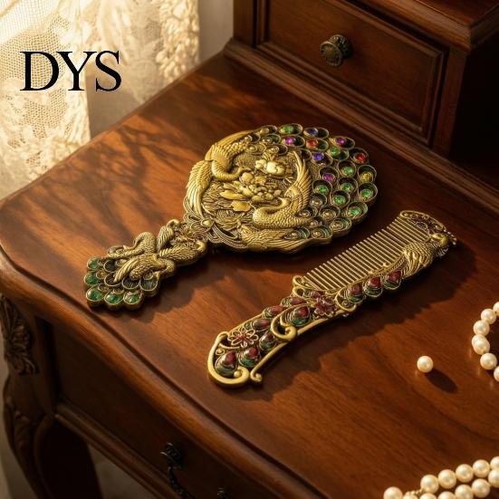 Vintage Peacock Hair Comb Mirror Set, Embossed & Handheld Rhinestone Makeup Mirror, Hand with for Women Retro Carved