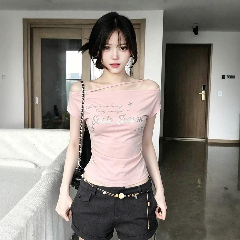 Korean Premium Sense Slant Shoulder Short Sleeve T-Shirt Women's Summer Letter Printing Design Sense Off Shoulder Tee Waist Spice Girl Top