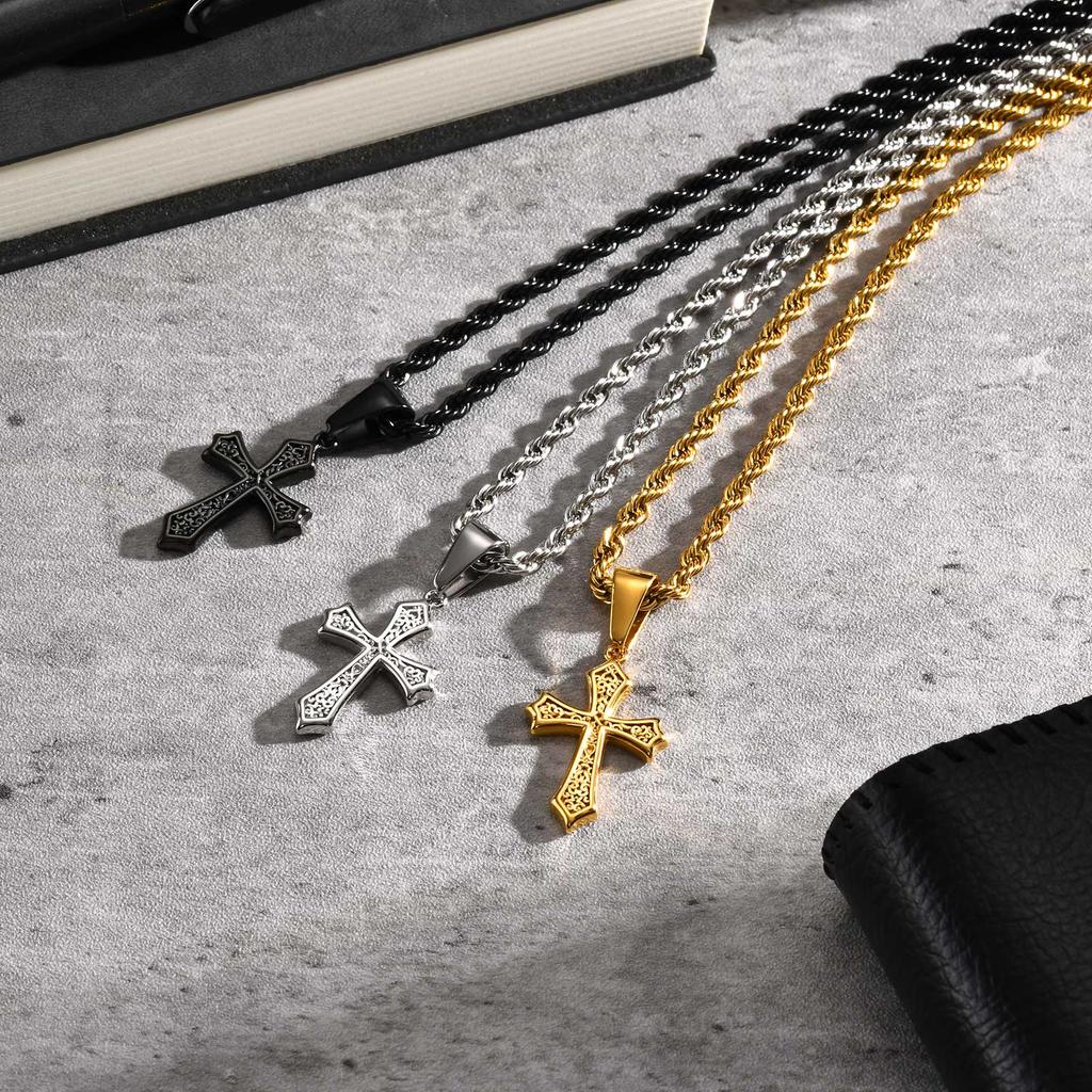Personality Stainless Steel Cross Pendant Necklace for Men Boys, Retro Religious Faith Prayer Jewelry Gift