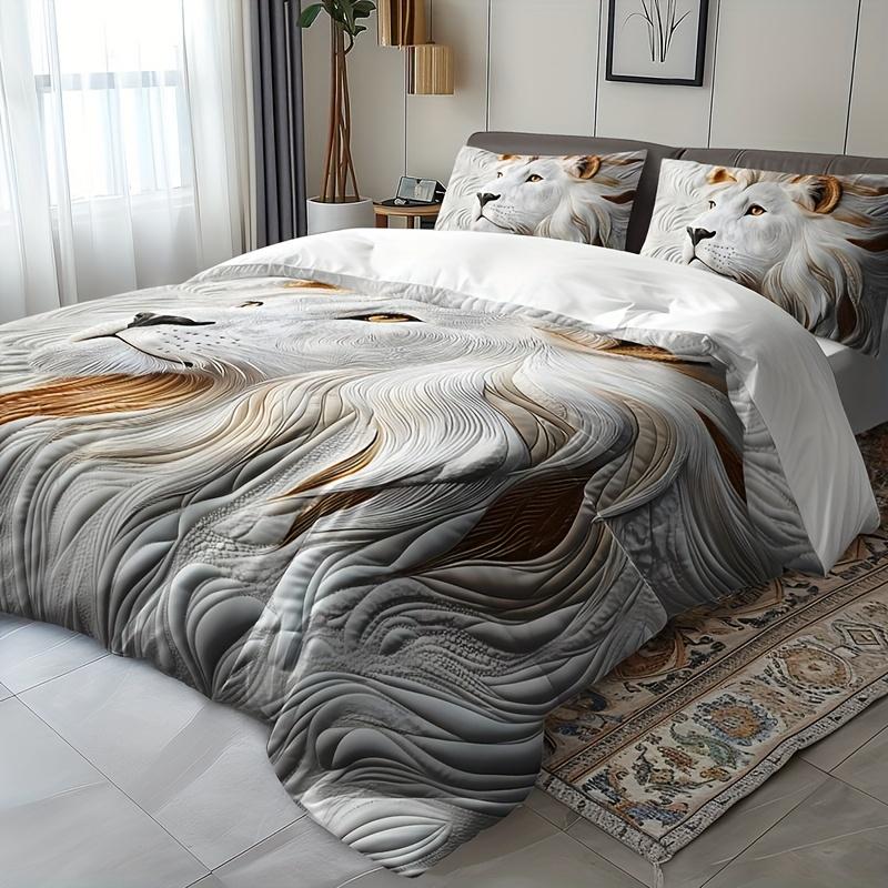 Grey 3D Lion Animal Duvet Cover Set Breathable Bedding With 1 Duvet Cover And 2 Pillowcases Machine Washable Home Dorm Decor