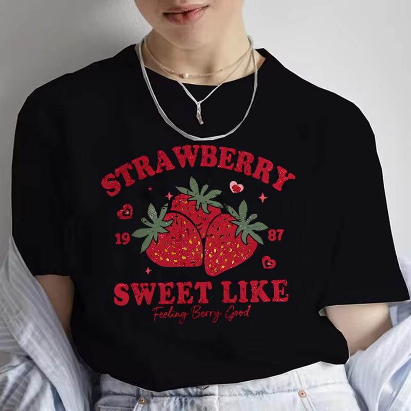 Strawberry Women Summer White Print T-shirt Girl Casual Short Sleeve O Neck Top for Summer Female 90s Clothing Tops