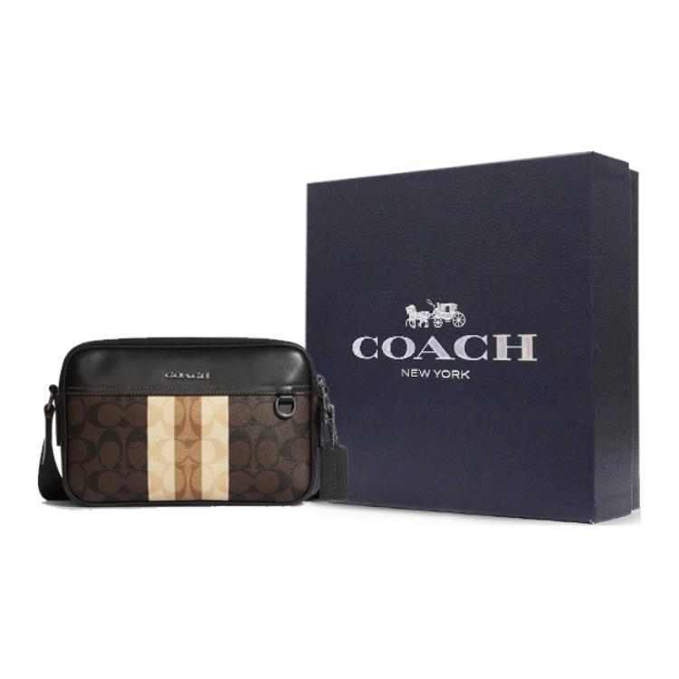 Coach Graham 25 Classic Monogram Striped Color Block Zipper Camera Bag Men Shoulder Bag Black Dark-Brown C9965-QBMAA