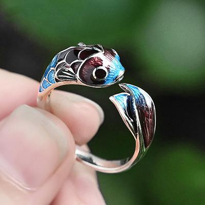 Emaliowany Kolorowy Karpiowy Regulowany Pierścionek Chiński Klasyczny Niszowy Design Elegancki Urok Biżuteria Damska Prezent na Imprezę
