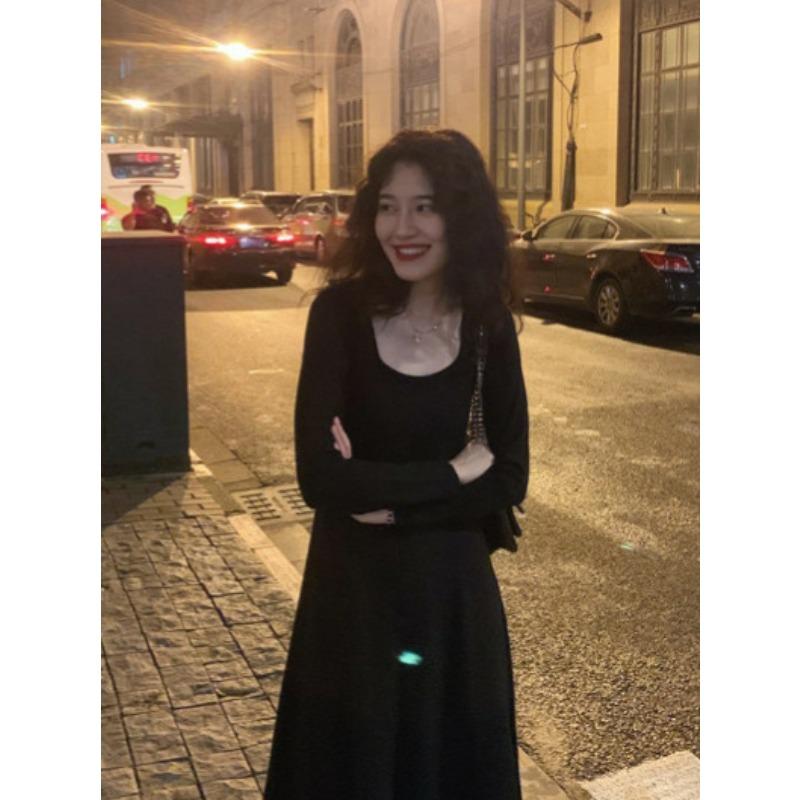 

[] Autumn new long-sleeved slim-fit dress retro high-end temperament slim skirt XL чёрный