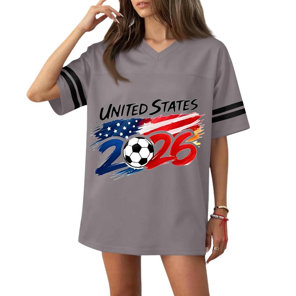 Womens V Neck Short Sleeve Soccer Graphic Tee United States Flag Print 2026 Casual Loose Fit Sports Top Shirt
