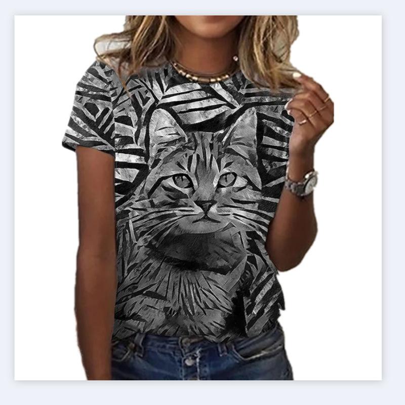 Summer Casual Digital Printed 3D Loose Round Neck Short Sleeved T-Shirts Women’s