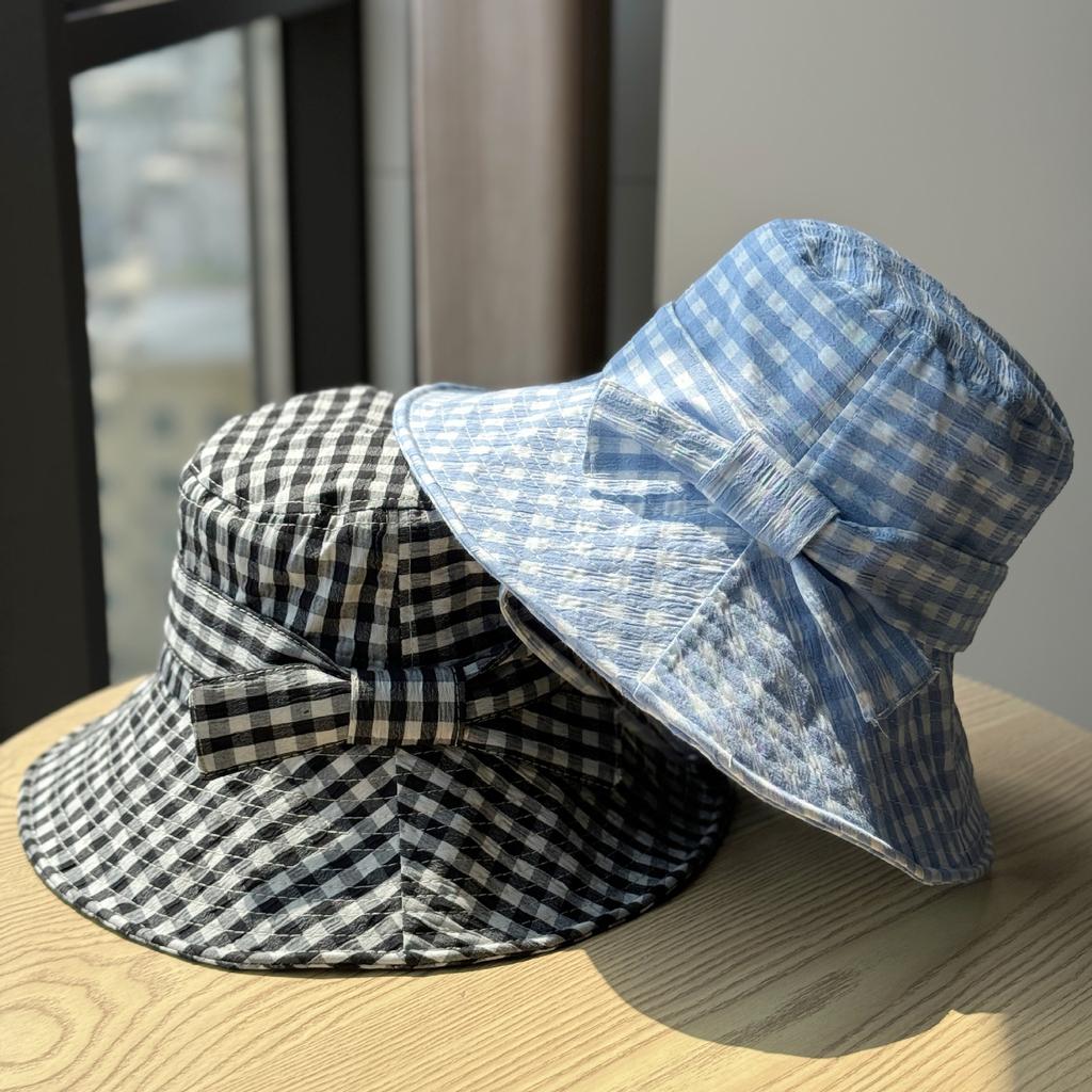 New Korean-style plaid fisherman hat for women, spring and summer, large brim, makes the face look smaller, floral pattern, sun protection hat