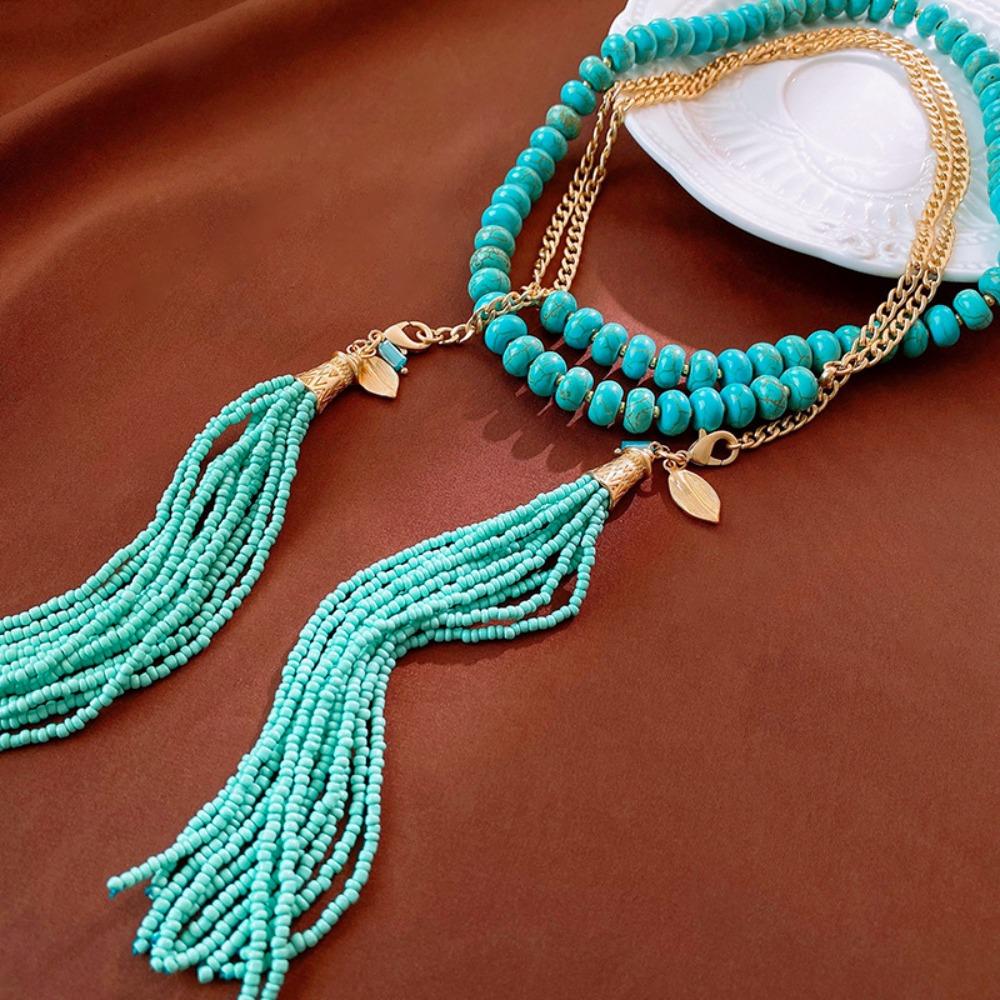 Tassel Pendant Long Turquoise Necklace Hanging Neck Sweater Chain Bohemian Waist Chain Women