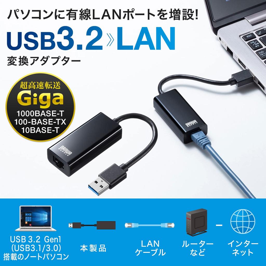 SANWA SUPPLY USB To LAN Adapter 3.2 (Black) USB-CVLAN1BKN