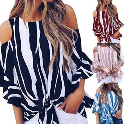 Loose Blouse Off Shoulder Bowknot Shirt Three Quarter Sleeve Flare Sleeve