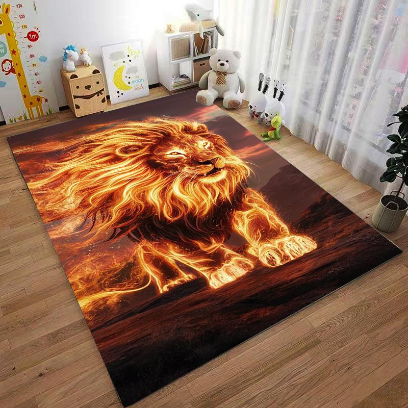 Fiery Lion Print Carpet with Bold Design in Warm Tones Suitable for use as an anti-slip for living room bedroom sofas