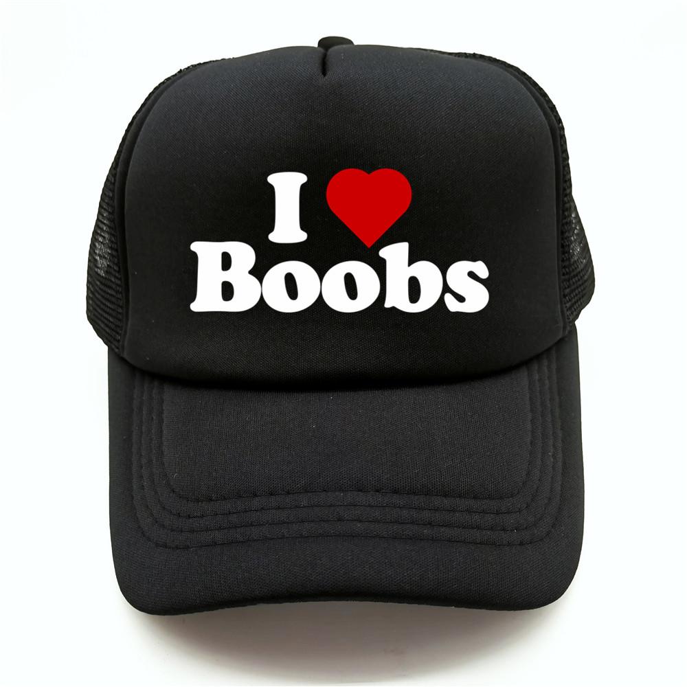 Funny I Love Heart Boobs Boobies Baseball Caps Summer Men Mesh Net Hat Joke Gifts Trucker Cap Outdoor Mesh Net Caps MZ079