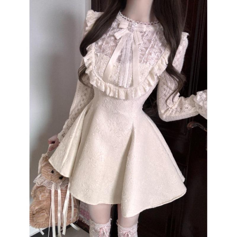 Elegant Bow Princess Dress - Women s Autumn/Winter Fragrant Style with French Waist-Hugging Design L