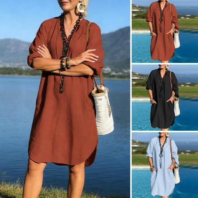 Vestido de Algodão e Linho para Mulheres Boho Casual Praia Férias Vestido de Sol Verão Manga Longa Decote V Solto