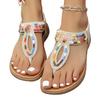 Bohemian Style Roman Toe Ring Beaded Flat Sandals for Women Casual Slip On Elastic Strap Beach Holiday Shoes