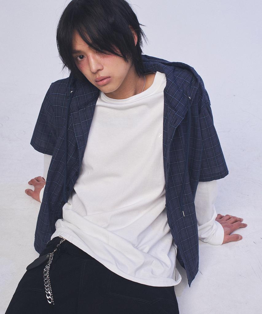 SOMEPLACE MAN Tartan Check Pocket Zipper Point String Hoodie Short Sleeve Semi-Crop Hoodie Shirt [Navy]