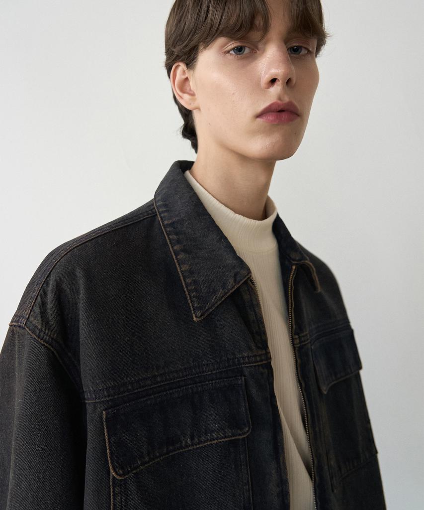 Draw Fit Consizing Washed Pocket Denim Jacket [Mahogani Blue]