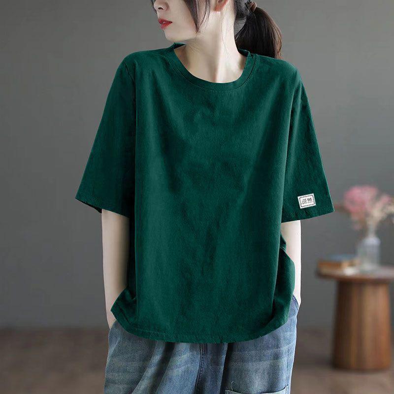 Large size top feeling labeling cuffs short sleeves spring and summer new versatile foreign style women's T-shirt