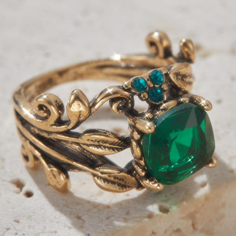 1 Stück Goldfarbener Ring mit Blattdesign für Damen mit quadratischem grünen Zirkonia Ästhetischer Damen-Hochzeits-Party-TrendschmuckGutes Produkt
